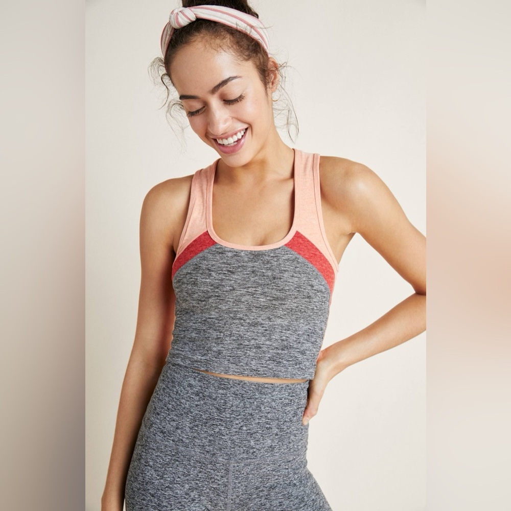 Beyond Yoga Peach and Gray Colorblock Crop Top